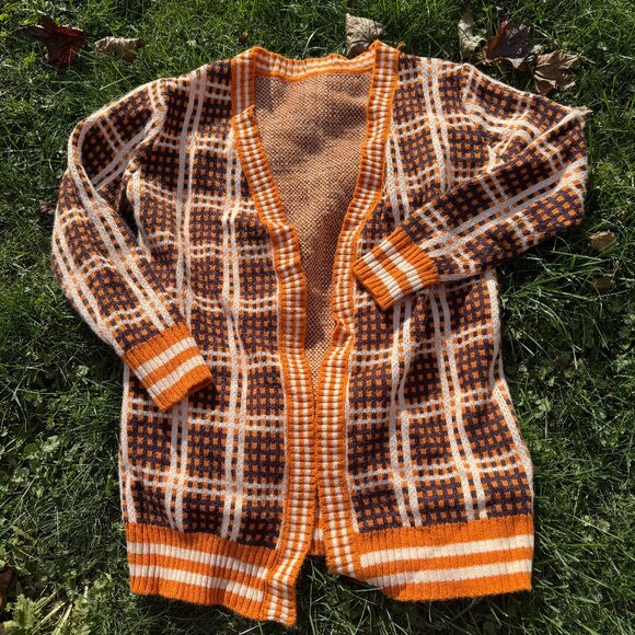 SHEIN Sweaters - Orange Beige Windowpane Cardigan
